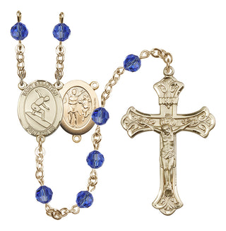 14 Karat Gold-Filled 6mm Austrian Crystal Saint Sebastian/Surfing Rosary in Sapphire