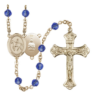 14 Karat Gold-Filled 6mm Austrian Crystal Saint Kateri/Equestrian Rosary in Sapphire