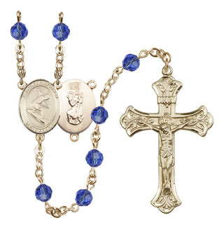 14 Karat Gold-Filled 6mm Austrian Crystal Saint Christopher/Surfing Rosary in Sapphire