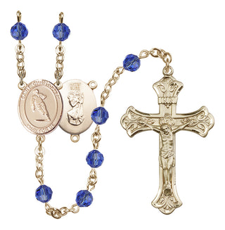 14 Karat Gold-Filled 6mm Austrian Crystal Saint Christopher / Rugby Rosary in Sapphire