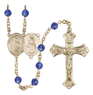 14 Karat Gold-Filled 6mm Austrian Crystal Our Lady of Guadalupe Rosary in Sapphire