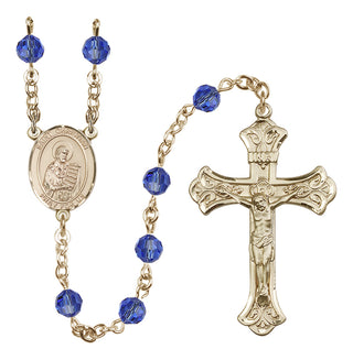 14 Karat Gold-Filled 6mm Austrian Crystal Saint Christian Demosthenes Rosary in Sapphire