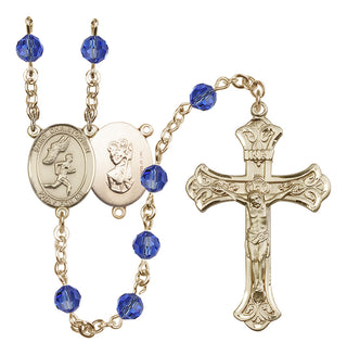 14 Karat Gold-Filled 6mm Austrian Crystal Saint Christopher/Track&Field-Men Rosary in Sapphire