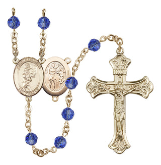 14 Karat Gold-Filled 6mm Austrian Crystal Saint Sebastian/Softball Rosary in Sapphire