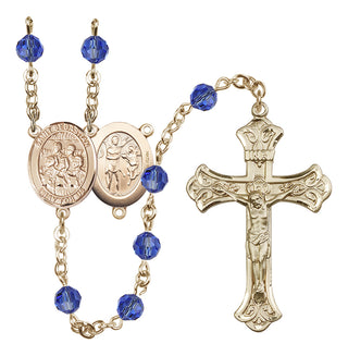 14 Karat Gold-Filled 6mm Austrian Crystal Saint Sebastian / Choir Rosary in Sapphire