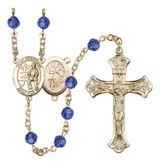 14 Karat Gold-Filled 6mm Austrian Crystal Saint Sebastian/Karate Rosary in Sapphire