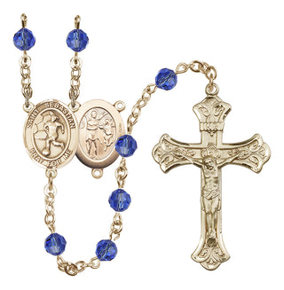 14 Karat Gold-Filled 6mm Austrian Crystal Saint Sebastian/Soccer-Women Rosary in Sapphire