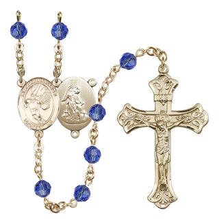 14 Karat Gold-Filled 6mm Austrian Crystal Guardian Angel/Basketball Rosary in Sapphire