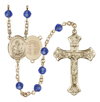 14 Karat Gold 6mm Austrian Crystal Saint Benedict Rosary in Sapphire
