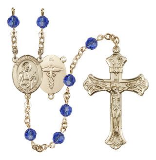 14 Karat Gold 6mm Austrian Crystal Saint Camillus of Lellis / Nurse Rosary in Sapphire
