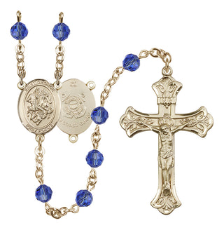 14 Karat Gold 6mm Austrian Crystal Saint George / Coast Guard Rosary in Sapphire