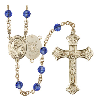 14 Karat Gold 6mm Austrian Crystal Saint Joan of Arc /Coast Guard Rosary in Sapphire