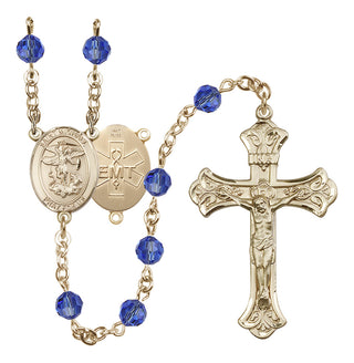 14 Karat Gold 6mm Austrian Crystal Saint Michael / EMT Rosary in Sapphire