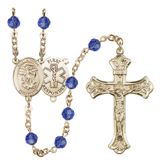 14 Karat Gold 6mm Austrian Crystal Saint Michael/1St Responder Rosary in Sapphire