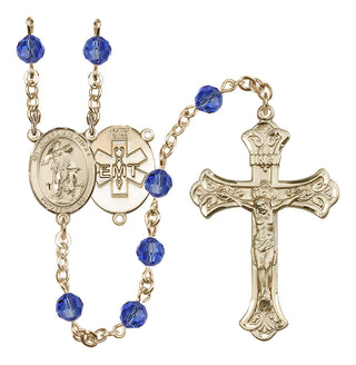 14 Karat Gold 6mm Austrian Crystal Guardian Angel / EMT Rosary in Sapphire
