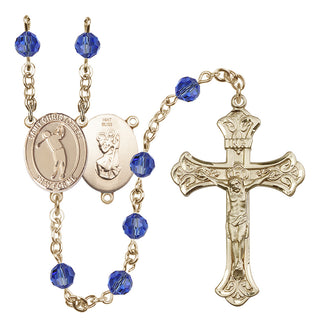 14 Karat Gold 6mm Austrian Crystal Saint Christopher/Golf Rosary in Sapphire