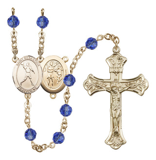 14 Karat Gold 6mm Austrian Crystal Saint Sebastian/Football Rosary in Sapphire