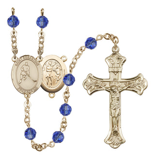 14 Karat Gold 6mm Austrian Crystal Saint Sebastian/Ice Hockey Rosary in Sapphire