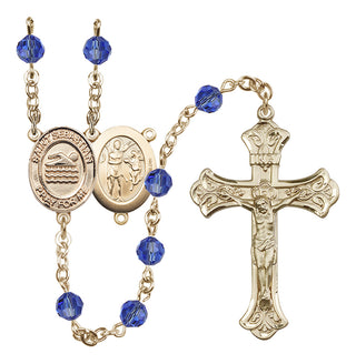 14 Karat Gold 6mm Austrian Crystal Saint Sebastian/Swimming Rosary in Sapphire