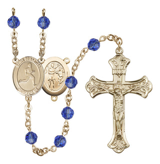 14 Karat Gold 6mm Austrian Crystal Saint Sebastian/Track & Field Rosary in Sapphire