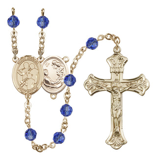 14 Karat Gold 6mm Austrian Crystal Saint Cecilia / Marching Band Rosary in Sapphire