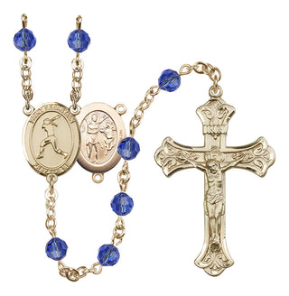 14 Karat Gold 6mm Austrian Crystal Saint Sebastian / Softball Rosary in Sapphire
