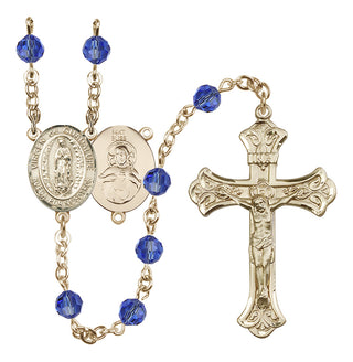 14 Karat Gold 6mm Austrian Crystal Virgen de Guadalupe Rosary in Sapphire