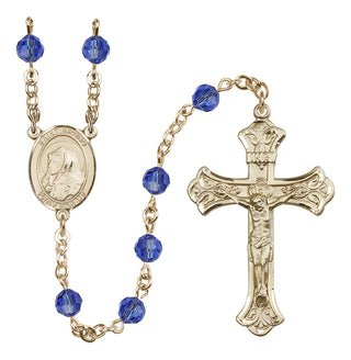 14 Karat Gold 6mm Austrian Crystal Saint Bruno Rosary in Sapphire