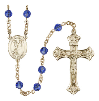 14 Karat Gold 6mm Austrian Crystal Saint Rocco Rosary in Sapphire