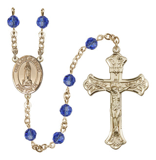 14 Karat Gold 6mm Austrian Crystal Our Lady of Kibeho Rosary in Sapphire