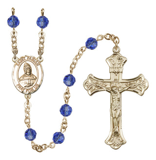 14 Karat Gold 6mm Austrian Crystal Saint Fabian Rosary in Sapphire