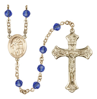 14 Karat Gold 6mm Austrian Crystal Guardian Angel w/Children Rosary in Sapphire