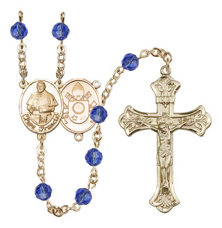 14 Karat Gold 6mm Austrian Crystal Pope Francis Rosary in Sapphire