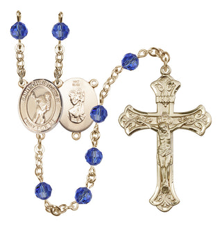 14 Karat Gold 6mm Austrian Crystal Saint Christopher/Lacrosse Rosary in Sapphire