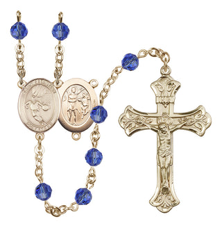 14 Karat Gold 6mm Austrian Crystal Saint Sebastian/Basketball Rosary in Sapphire