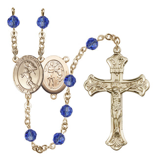 14 Karat Gold 6mm Austrian Crystal Saint Sebastian /Track&Field-Women Rosary in Sapphire