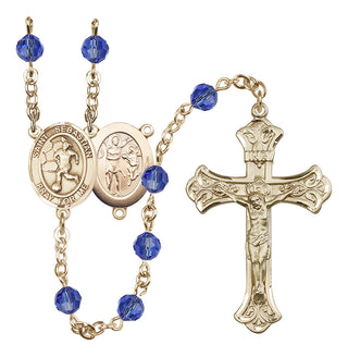 14 Karat Gold 6mm Austrian Crystal Saint Sebastian/Soccer-Women Rosary in Sapphire