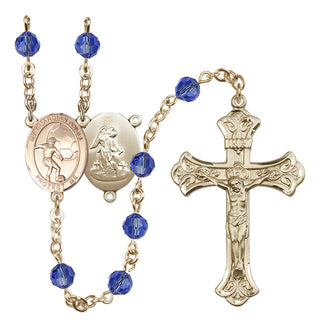 14 Karat Gold 6mm Austrian Crystal Guardian Angel/Soccer Rosary in Sapphire