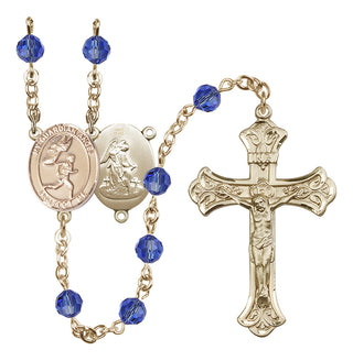 14 Karat Gold 6mm Austrian Crystal Guardian Angel/Track&Field-Men Rosary in Sapphire