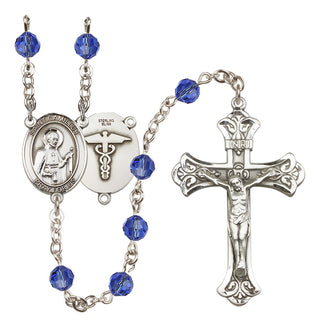 Sterling Silver 6mm Austrian Crystal Saint Camillus of Lellis / Nurse Rosary in Sapphire