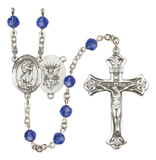 Sterling Silver 6mm Austrian Crystal Saint Christopher / Navy Rosary in Sapphire