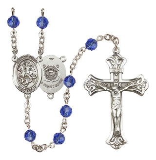 Sterling Silver 6mm Austrian Crystal Saint George / Coast Guard Rosary in Sapphire