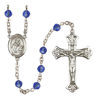 Sterling Silver 6mm Austrian Crystal Saint Isidore of Seville Rosary in Sapphire