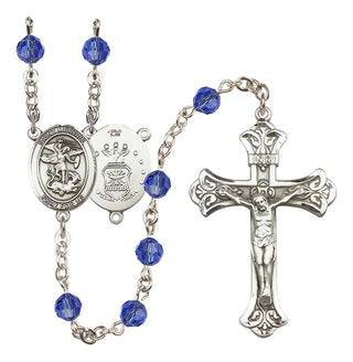 Sterling Silver 6mm Austrian Crystal Saint Michael / Air Force Rosary in Sapphire