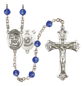 Sterling Silver 6mm Austrian Crystal Saint Michael / Marines Rosary in Sapphire