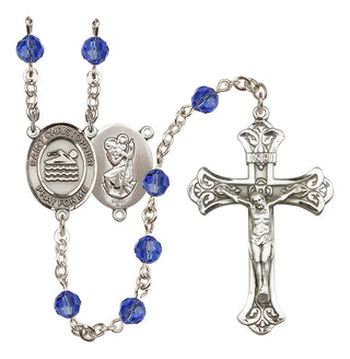 Sterling Silver 6mm Austrian Crystal Saint Christopher/Swimming Rosary in Sapphire