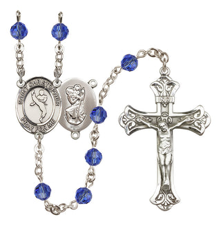 Sterling Silver 6mm Austrian Crystal Saint Christopher/Martial Arts Rosary in Sapphire