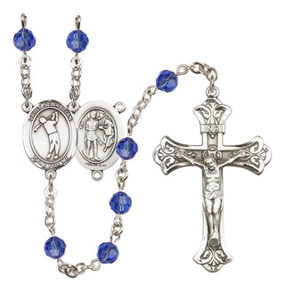 Sterling Silver 6mm Austrian Crystal Saint Sebastian/Golf Rosary in Sapphire