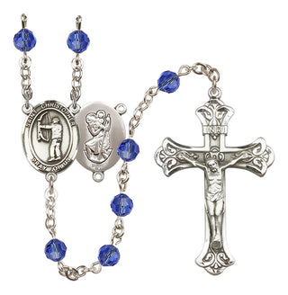 Sterling Silver 6mm Austrian Crystal Saint Christopher/Archery Rosary in Sapphire