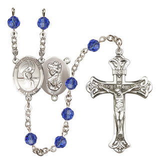 Sterling Silver 6mm Austrian Crystal Saint Christopher/Water Polo Men Rosary in Sapphire